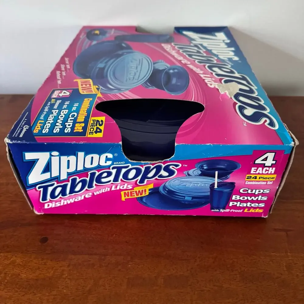 Vintage 2001 Ziploc TableTops 24 Pc Dishware Set Cups Bowls Plates Lids NOS